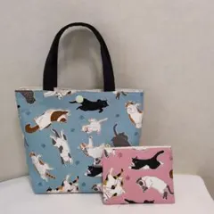 【感謝価格】ミニトートバッグとポーチセット、ハンドメイド　猫柄