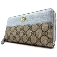 グッチ 長財布 マーモント 金具 GGスプリーム ラウンドファスナー ブルー