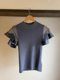 FRAY I.D ブルーグレー シースルー フリル袖 半袖ニット