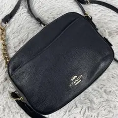 美品 コーチ レザー ショルダーバッグ ロゴ金具 フリンジ チェーン ブラック