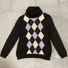 【セーヌドゥ】アーガイル柄タートルネックセーター L ブラウン　ビジュー付き★