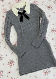 即発送 SHEIN コントラストカラー 蝶々フロント セータードレス 編み上げ