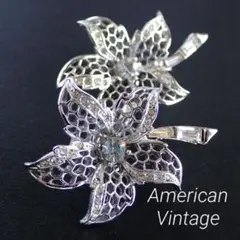 アメリカンビンテージ イヤリング フラワーモチーフ ラインストーン 1970年代