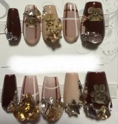 韓国 くま チェック ブラウン ベージュ ネイルチップ 秋冬 ガーリー