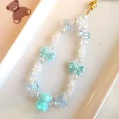 【No.30 】ビーズストラップ 青系くま 星 リボン