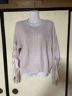 薄いピンク リボン付きニットセーター 長袖 L