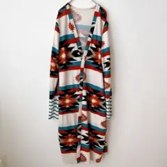 【美品✨】幾何学模様 ロングカーディガン 【XL】 ストライプ ロングスリーブ