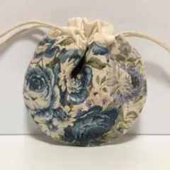生成ブルーとオールドローズ　 ミニミニ まんまる 巾着　ハンドメイド