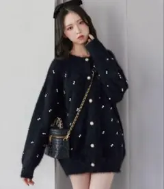 NICE CLAUP ビジューフェザーロングカーディガン ブラック