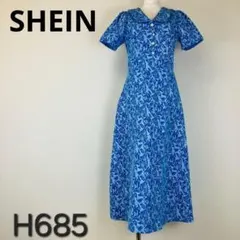 SHEIN シーイン ロングワンピース 半袖 花柄　総柄　青　M H685