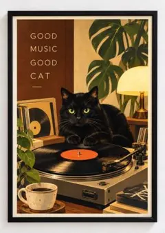 アートポスター レコード　黒猫　インテリア