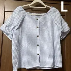 COLZA ギンガムチェック 半袖ブラウス ライトブルー Lのサムネイル