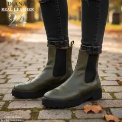 ダイアナ DIANA リアルレザー ウィングチップサイドゴアショートブーツ 24