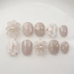 ぷっくりフラワー　くすみカラー　リボン　卒業式　袴　振袖　結婚式　ネイルチップ