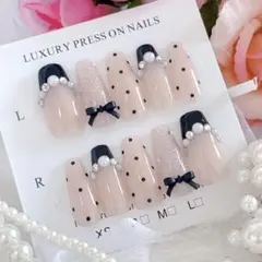 人気No.1♡ リボン×ドット×黒フレンチネイル✧*。韓国 ガーリー 量産型
