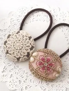 【No.195】インド刺繍 くるみボタン38㎜ ヘアゴム 2個セット