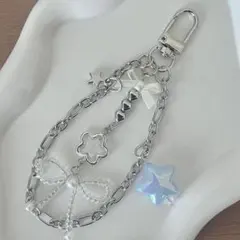 ハンドメイド　ビーズ　キーホルダー　ストラップ　星　リボン　青