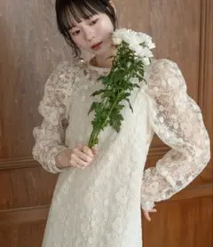 Hinari 花卉刺繡薄紗蕾絲洋裝 象牙白 XS