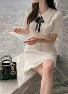 DHOLIC リボンリブニット半袖ミニワンピース・p648331 ワンホン 韓国