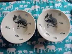 Kanesada 猫と魚の陶器ボウル 2個セット