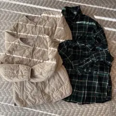 子供用チェックシャツ、ノーカラーダウン（サイズ140、130）ユニクロ