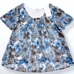 タグ付き＊ViS 水彩花柄 シフォン フリル袖 ブラウス 青 F