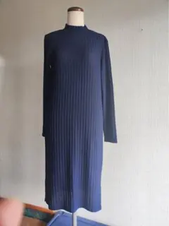 ネイビー リブ編み 長袖ワンピース Mサイズ