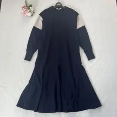 Boujeloud ネイビー 配色 長袖ワンピース 変形スカート