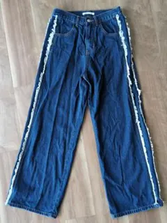 フリンジ付き　ワイドデニムパンツ　S