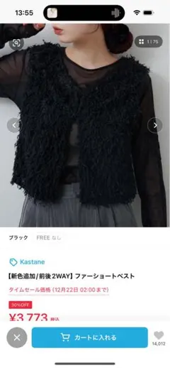 Kastane ファーショートベスト ブラック 前後2WAY