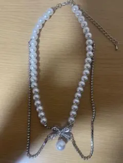 パールネックレス 2連 リボンモチーフ ラインストーン