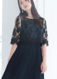 【極品】kanaカナ　フラワー刺繍レースプリーツロングパーティドレスLサイズ