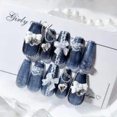 Ｎｏ．現品 ネイルチップハンドメイド ネイビーフリルリボン韓国ちゅるんハート