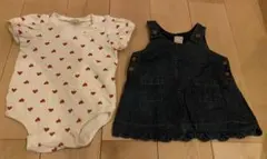 【petit main】ハート柄ロンパースとデニムサロペットセット 夏服