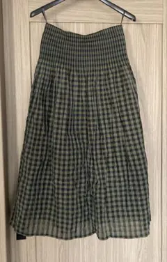 【美品】グリーン×黒のチェック柄ロングスカート 裏地付 ワッシャー加工 シワ加工