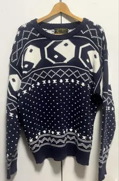 総柄 ニット セーター メンズ 古着 個性派 デザインニット ネイビー　L