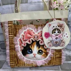 ゴ*マ様 新作パネル生地 猫 レースフリルトートバッグ コヤンイサム