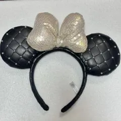 ミニーカチューシャ 黒レザー×スパンコールホワイト