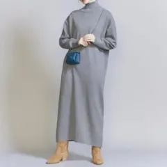 ビューティーアンドユース　ミラノリブタートルネックニットワンピース　M グレー