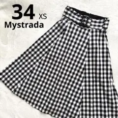 【Mystrada】ギンガムチェック　ベルト　フレアスカート　ブラック×ホワイト