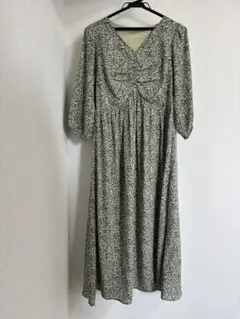 VIS 花柄ワンピース ロング Vネック ウエストギャザー きれいめ