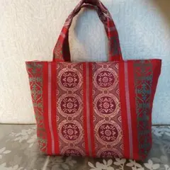 帯地リメイクのトートバッグ えんじ系 ハンドメイド
