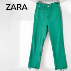 【ザラZARA】カットオフデニムパンツ　ジーンズ　ハイウエスト　グリーン　SS