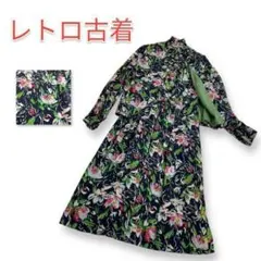 【レア】昭和レトロ ワンピース ベスト 2点セット 花柄 黒 エレガント 特注品