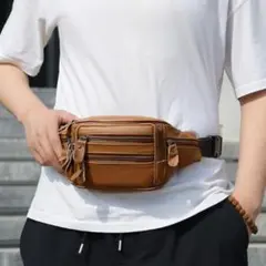 ●新品●本革 ウエストポーチ ボディバッグ 7ポケット＜ダークブラウン＞多機能