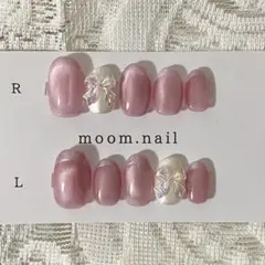 【NO.11】ピンクマグネット×パールリボンネイルチップ