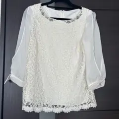 アプワイザーリッシェ アイボリー レース シフォン 七分袖ブラウス ビジュー