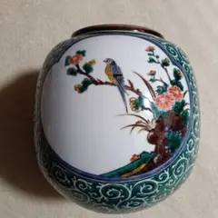 花と鳥の手描き磁器・飾壺　日展作家　三代　三ツ井為吉作　共箱