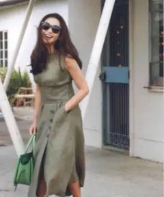 ミラオーウェン コルセットベルト付き リネンワンピース カーキ