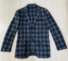 ネイビーとグレーのチェック柄テーラードウールジャケット　アローズ